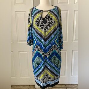 Laundry by Shelli Segal Sz Small Jersey Shift Dress Blue Green Keyhole Neck